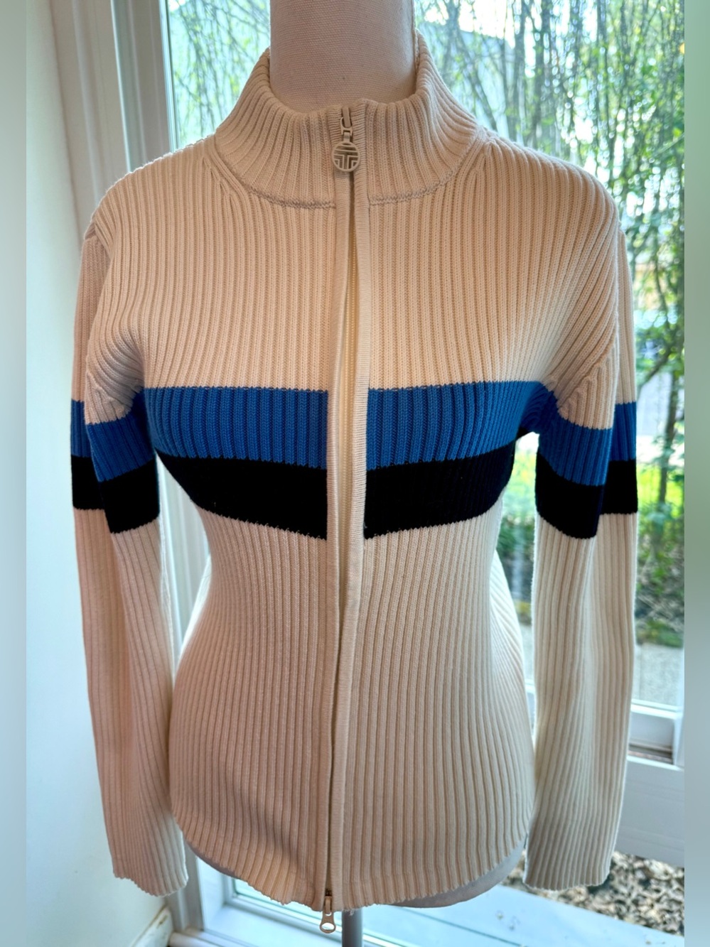 Tory Sport by Tory Burch EUC Ribbed Zip Sweater Medium Ivory Blue Stripe Jacket